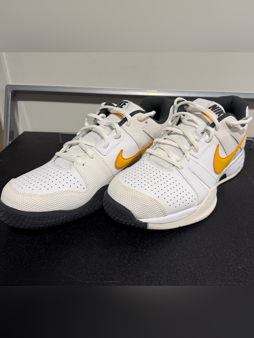 Nike Men’s court Ballistic White Sneakers with Yellow Swoosh and Black Accents